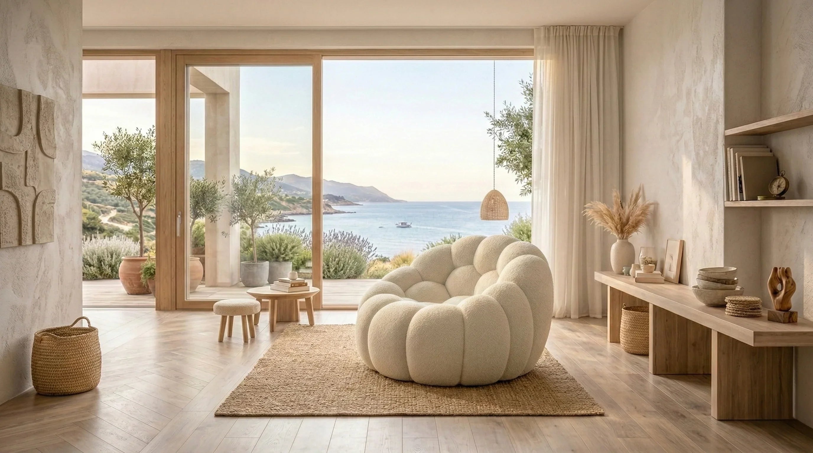 Salon moderne avec fauteuil bouclette crème, vue panoramique sur mer, déco naturelle
