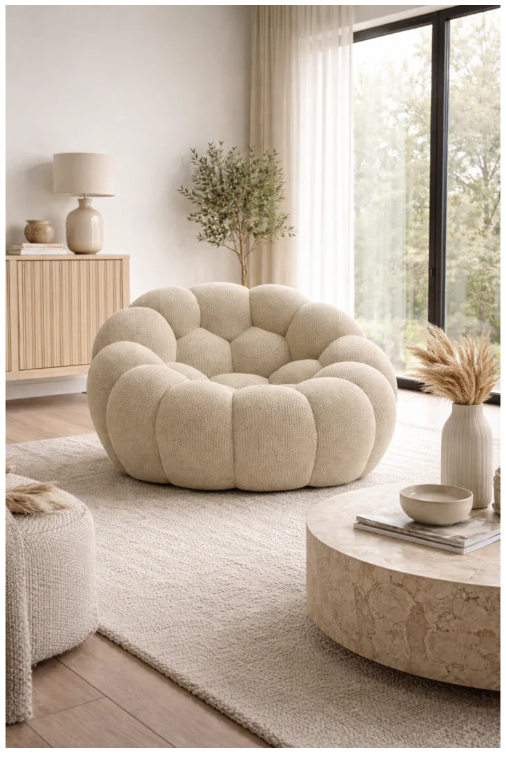 Fauteuil rond bouclette crème dans salon moderne, déco naturelle et lumière douce.