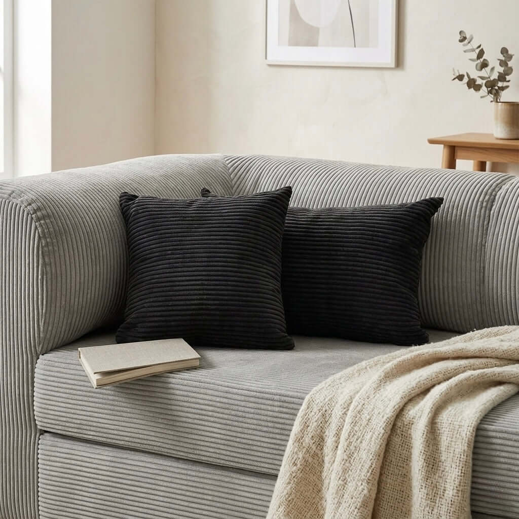 coussin velours côtelé noir canapé moderne